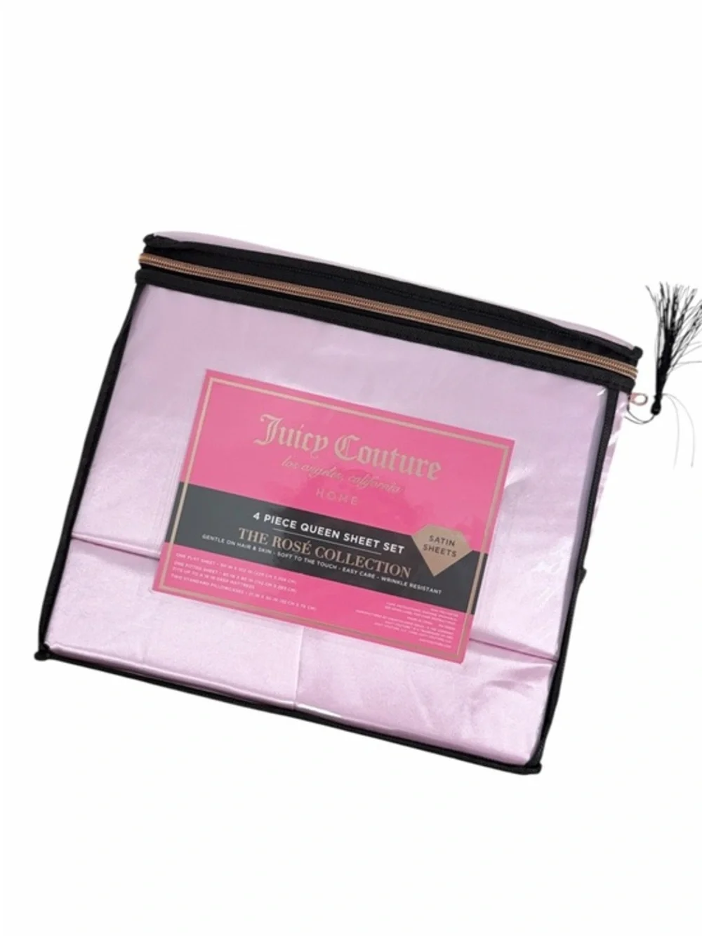 Juicy Couture Rose Collection Pink Satin Queen Sheet Set 4 Piece Bedding Pink
